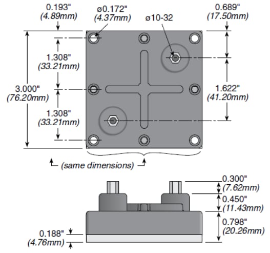 Mechanical Drawing - Ohmite TAP1000W/2000W Heat Sinkable Planar Resistors